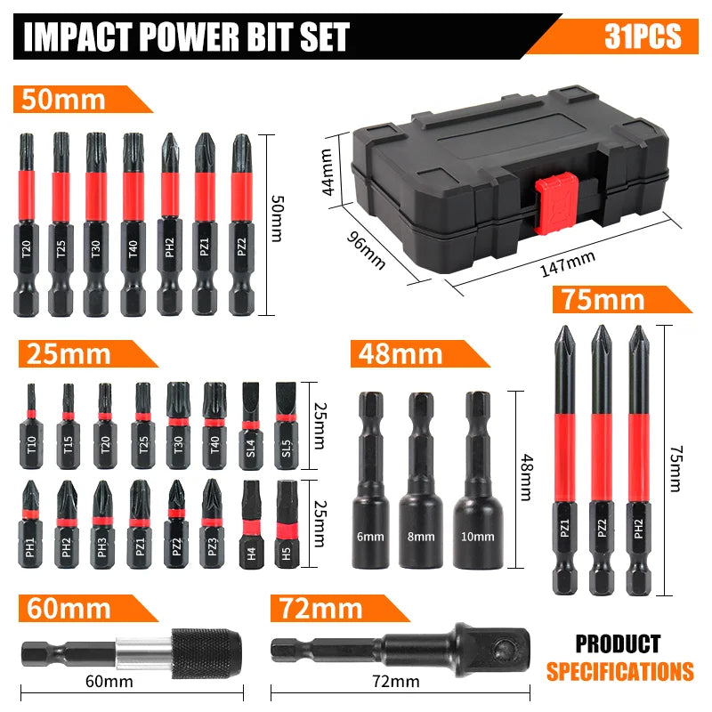 31-Piece Electric Screwdriver Bit Kit with Storage Case – Phillips, Hex & Torx Bits, Durable Alloy
