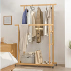 Bamboo Rolling Clothes Rack with Double Rails and Shelf Portable Open Wardrobe Storage