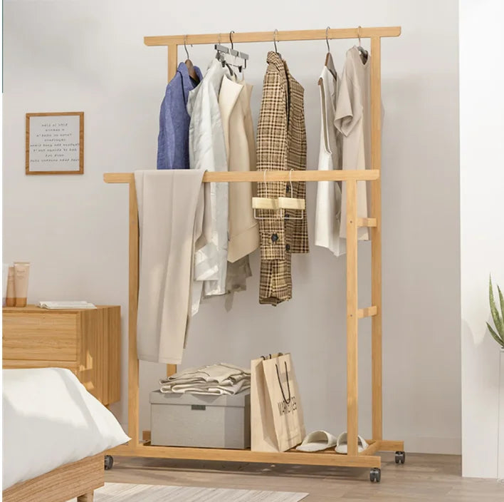 Bamboo Rolling Clothes Rack with Double Rails and Shelf Portable Open Wardrobe Storage