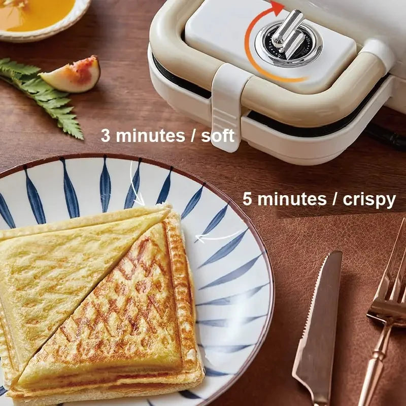 Sandwich Press 750W Non-Stick Double Plate Breakfast Maker with Timer for 4 Slice Sandwiches