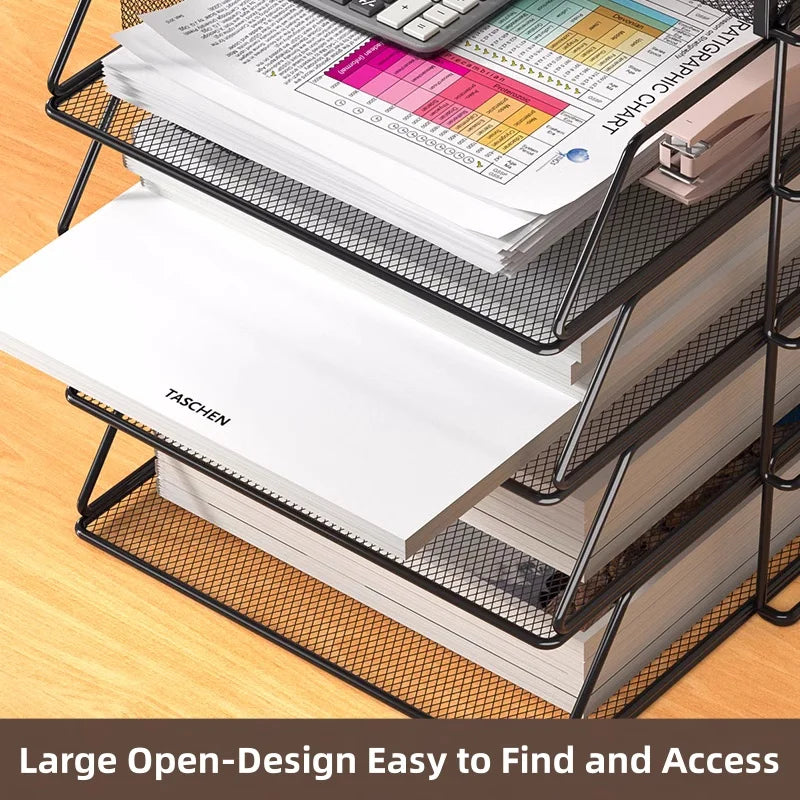 Metal Mesh Desktop Document Organizer with 3 Tier Letter Trays and Pen Holder for A4 Files