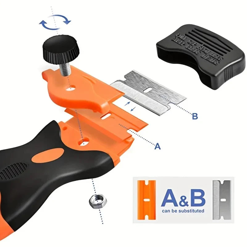 Heavy Duty 2-in-1 Razor Scraper Cleaning Tool with Replaceable Plastic and Steel Blades for Glass and Windows