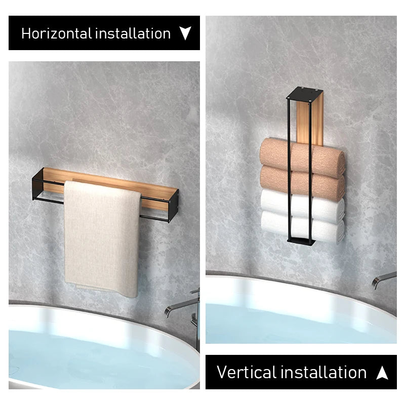 Bathroom Wall Mounted Towel Rack with Wooden Shelf Metal Frame Towel Organizer