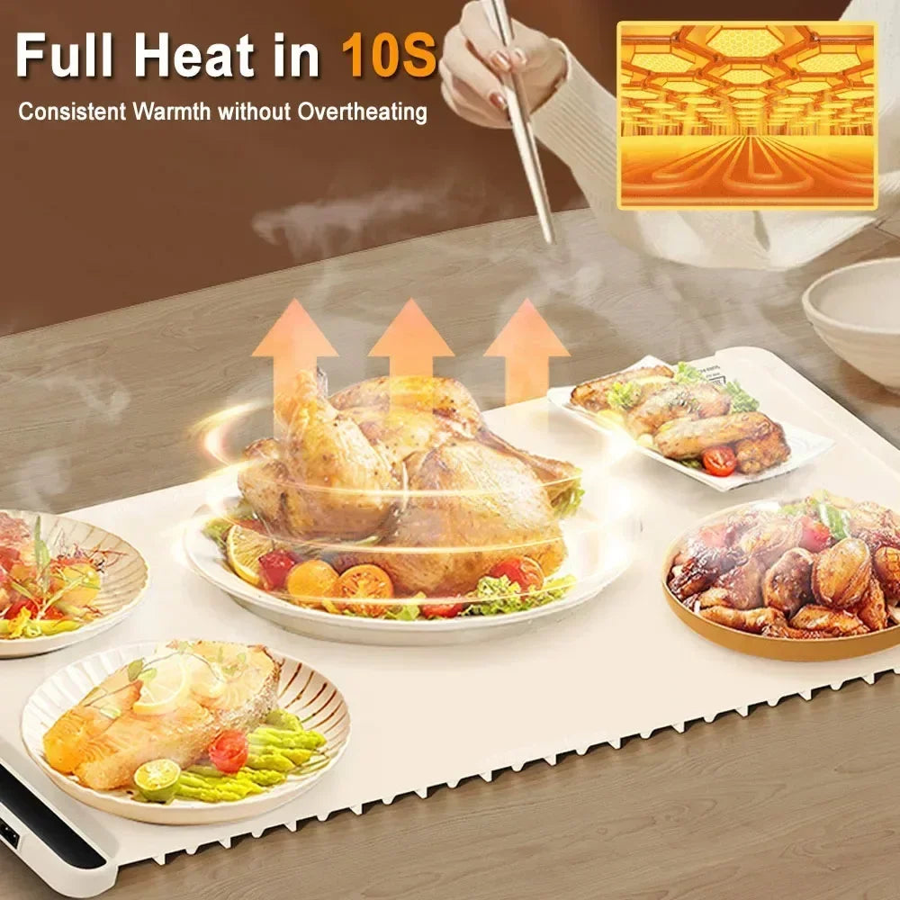 Portable Electric Food Warming Tray 67 x 38cm Foldable Silicone Heating Mat with 3 Temperature Levels