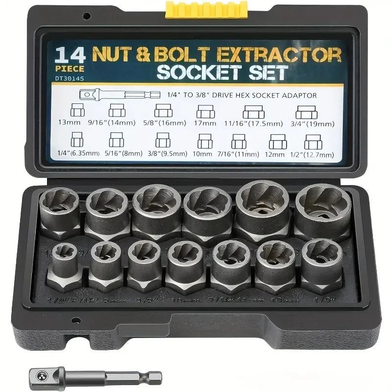 Damaged Bolt and Nut Extractor Set 14-Piece Heavy Duty Socket Kit with Chrome Steel Storage Box