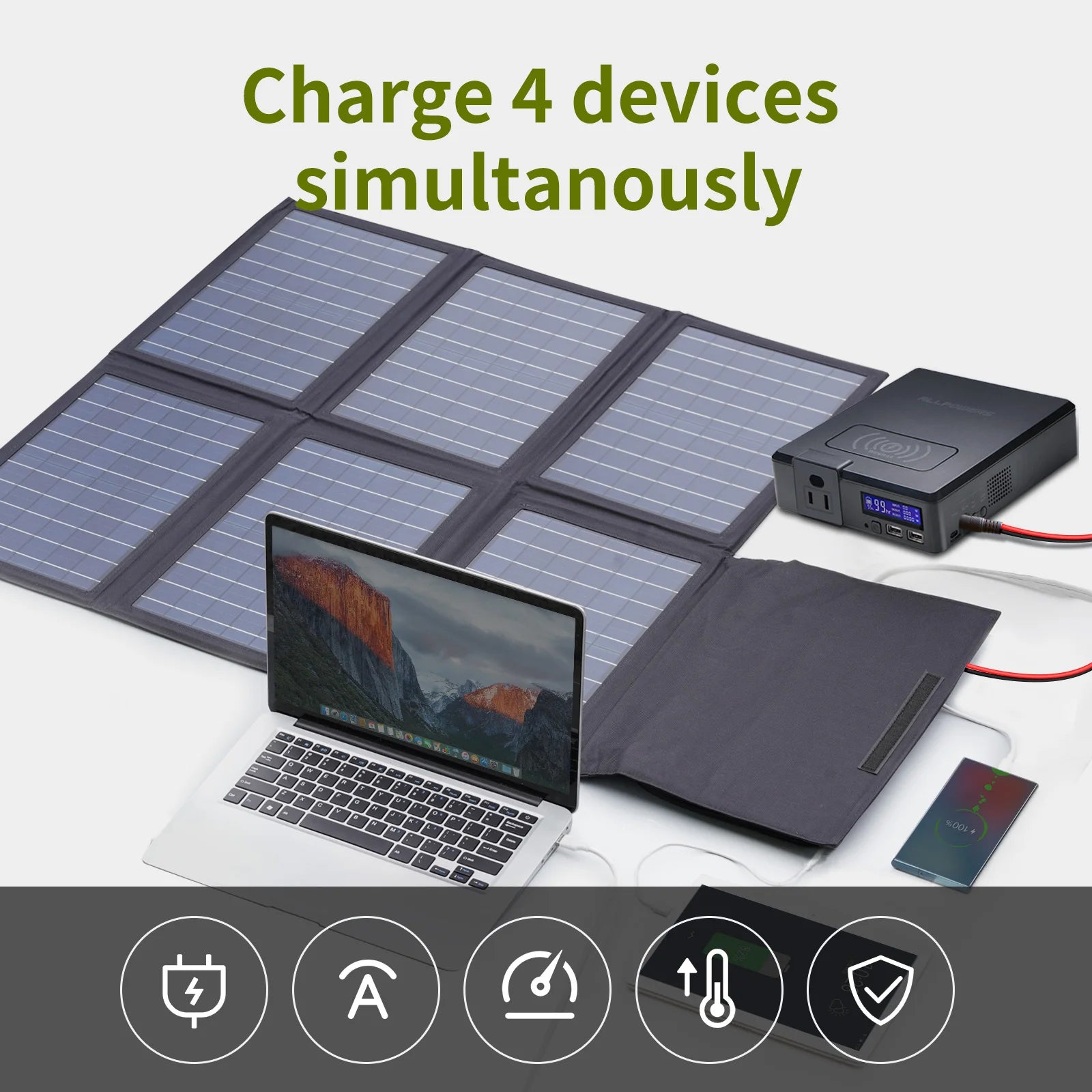 Portable 60W Foldable Solar Charger with 18V DC Output, USB-C 60W and USB-A x2 for Camping and Travel