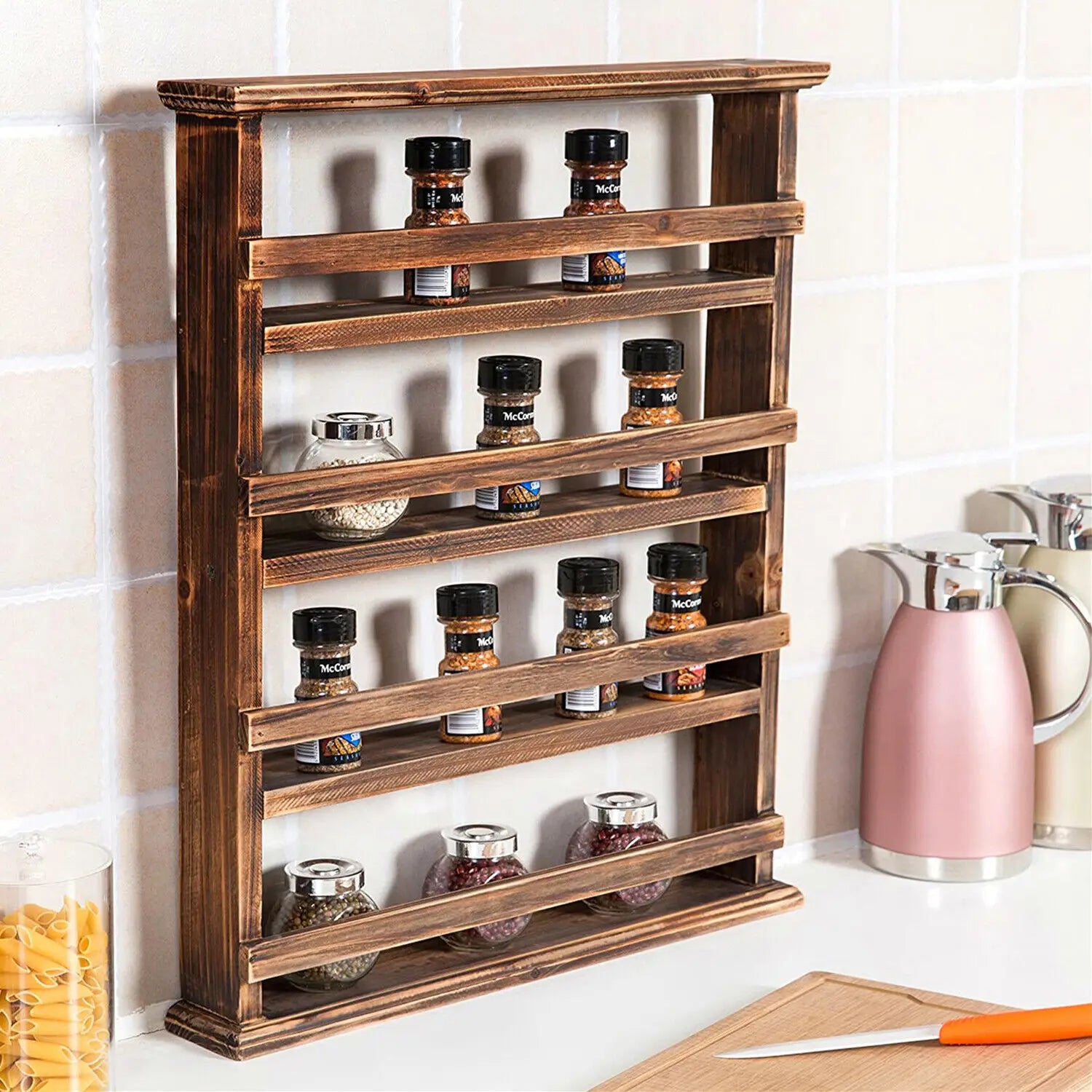 Wall Mounted Wooden Kitchen Shelf 4 Tier Spice Rack Storage Organizer Floating Wall Shelf