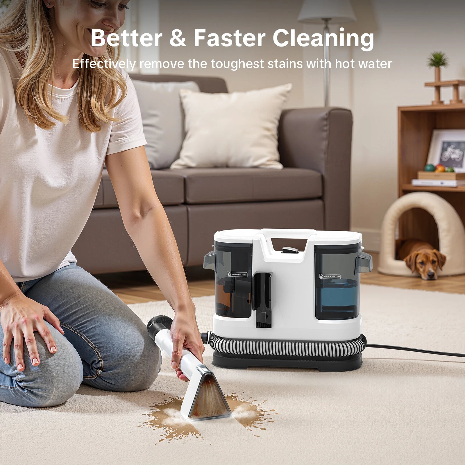 Handheld Carpet Cleaner 800W Hot Water Cleaning Machine for Sofa Rugs Car Interior 1.75L Tank