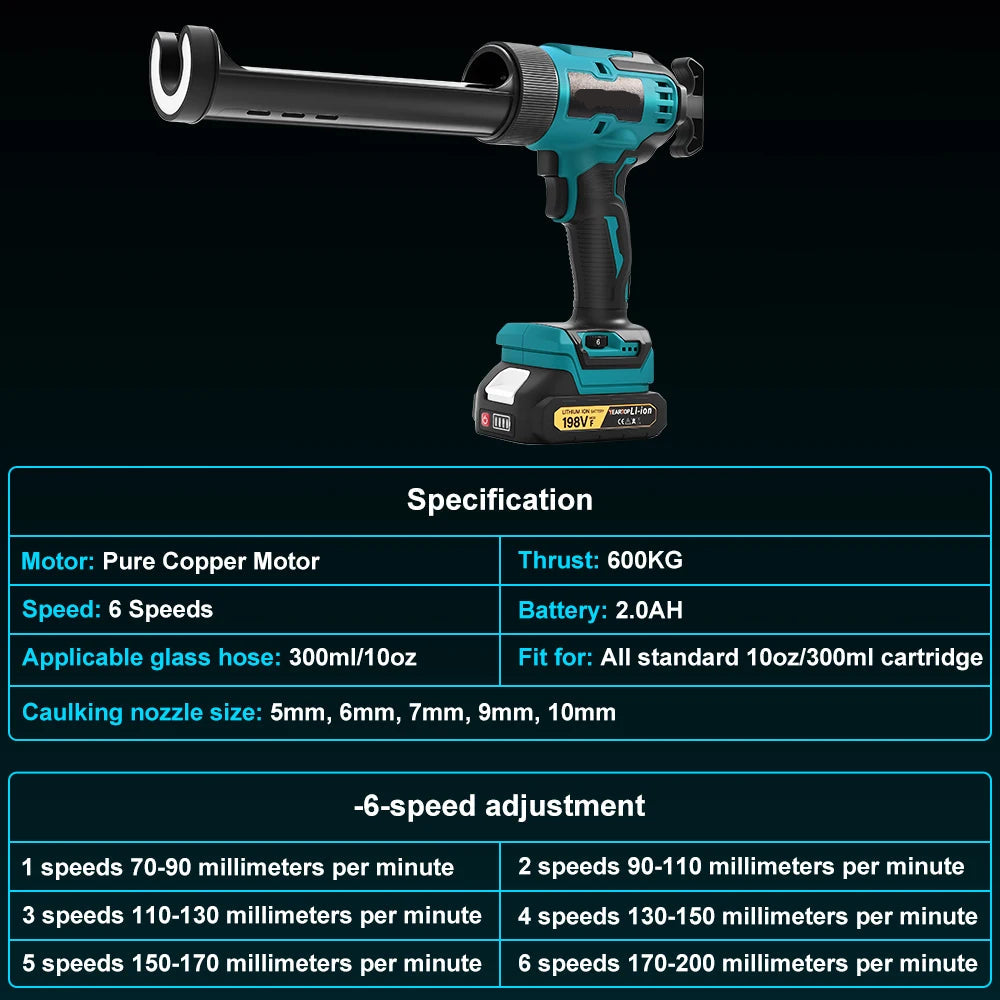 Cordless Electric Caulking Gun 6-Speed 300ml Sealant Cartridge Dispenser with LED Light