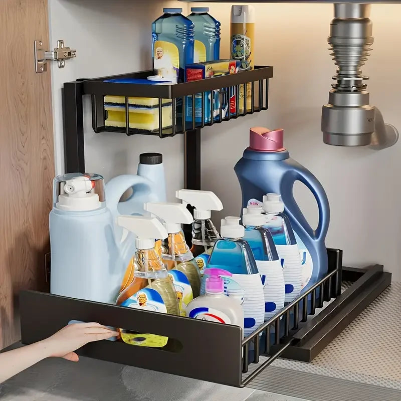 Under Sink Organizer 2 Tier Pull Out Cabinet Storage Shelf Metal Slide Out Kitchen and Bathroom Organizer
