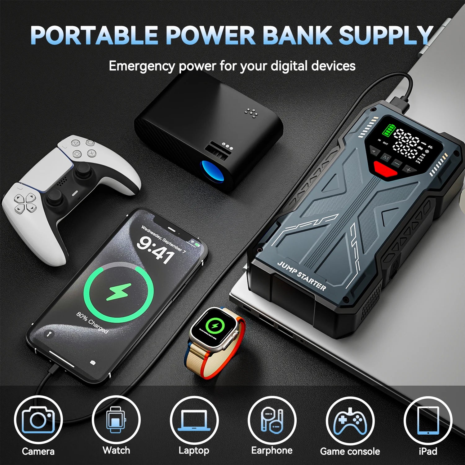 2-in-1 Jump Starter 6000A with Air Compressor Portable 12V Battery Booster and Inflator
