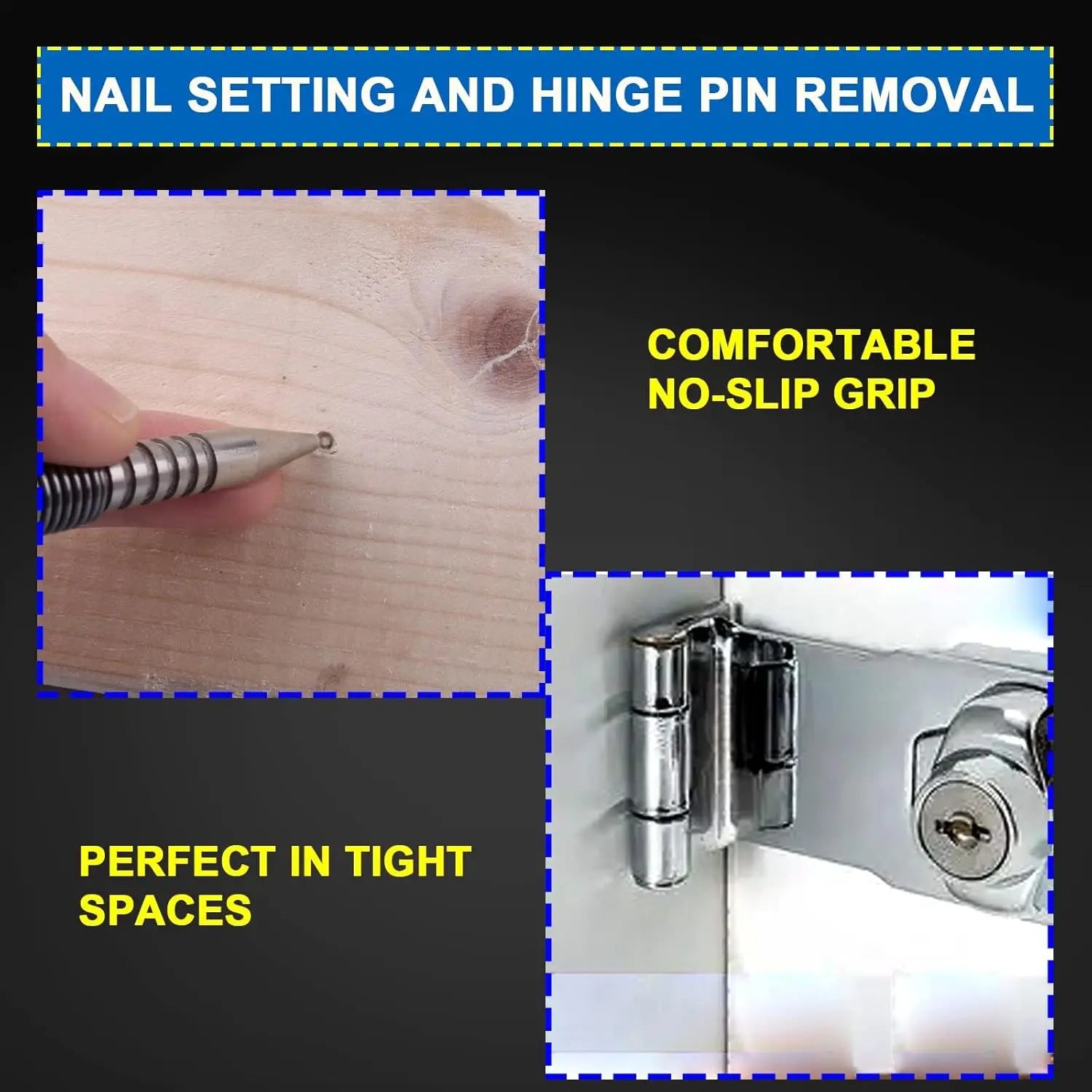 4-Piece Spring Loaded Nail Punch and Hinge Pin Removal Tool Set for Woodworking and Door Hinge Repair