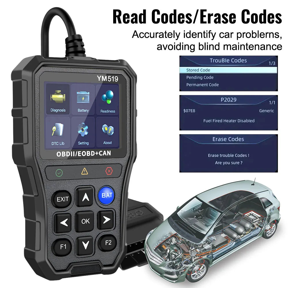 Portable OBD2 Scanner Code Reader with Battery Voltage Test Car Diagnostic Tool