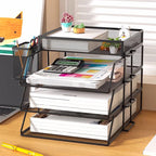 Metal Mesh Desktop Document Organizer with 3 Tier Letter Trays and Pen Holder for A4 Files