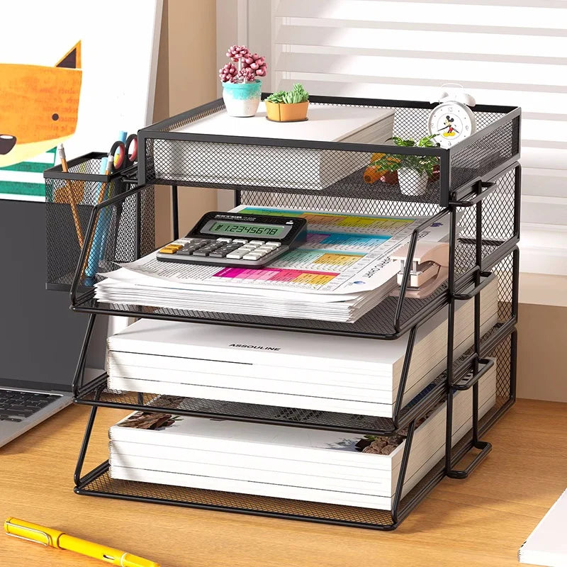 Metal Mesh Desktop Document Organizer with 3 Tier Letter Trays and Pen Holder for A4 Files