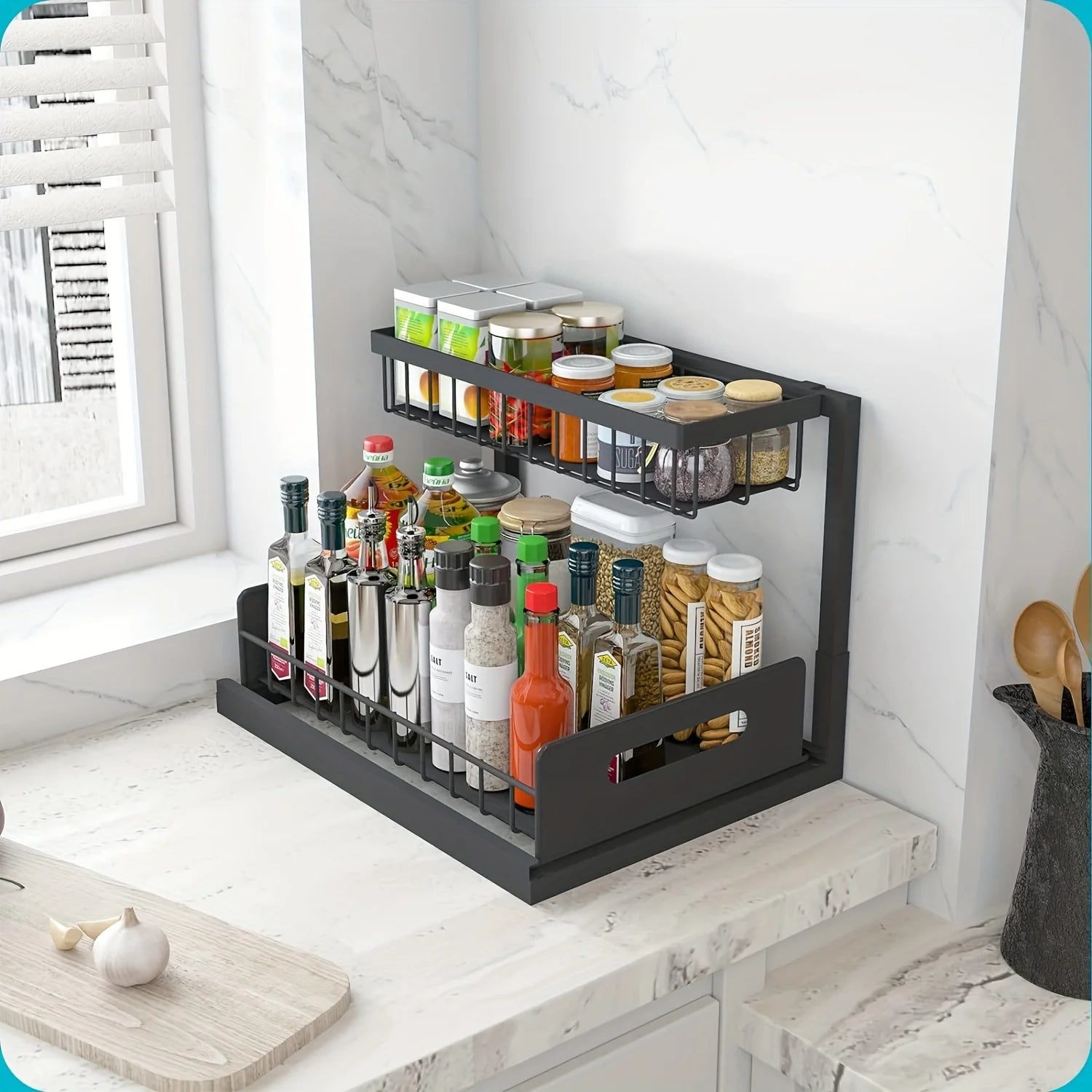 Under Sink Organizer 2 Tier Pull Out Cabinet Storage Shelf Metal Slide Out Kitchen and Bathroom Organizer