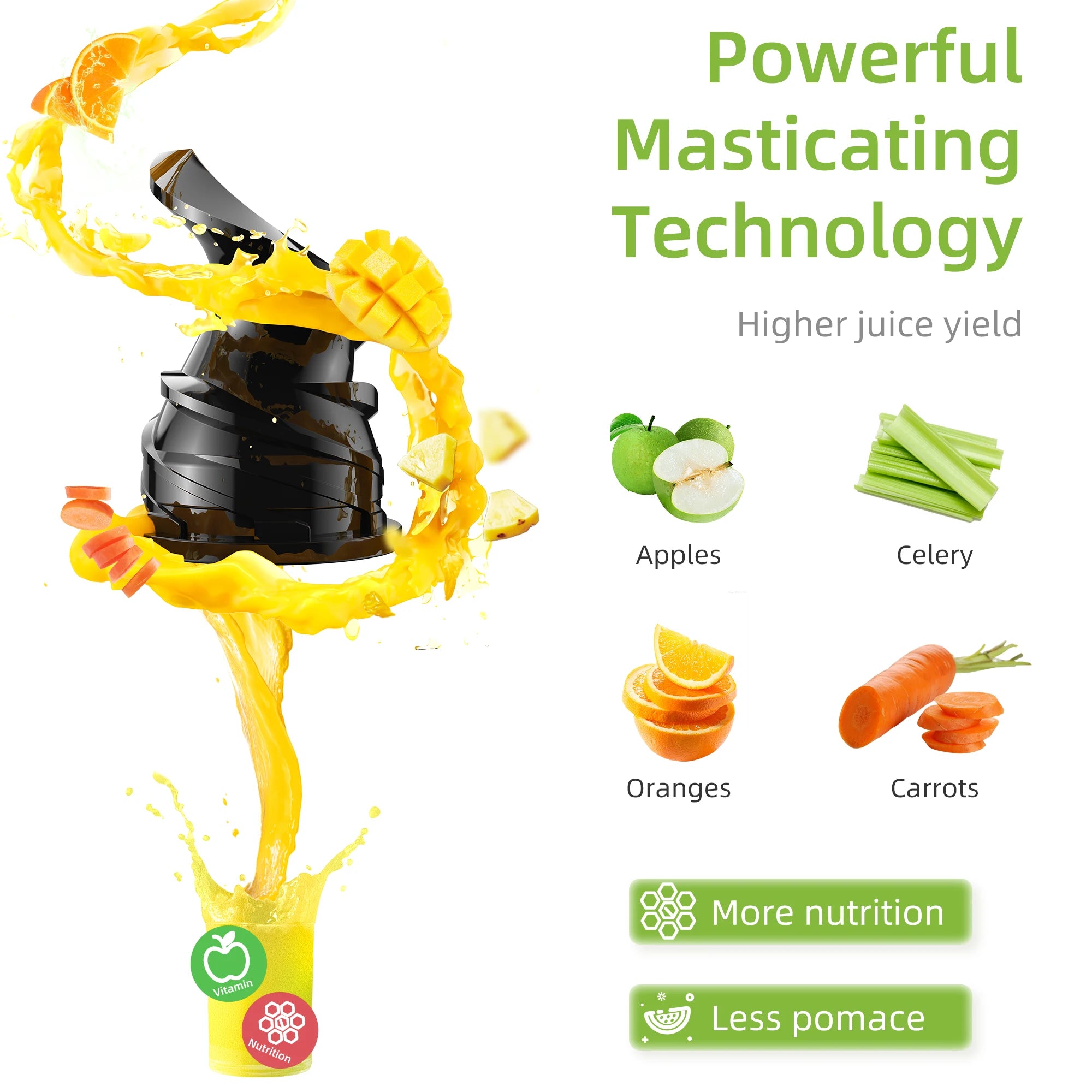 Portable Slow Masticating Juicer 200W with 78mm Wide Feed Chute for Fruit and Vegetable Juice