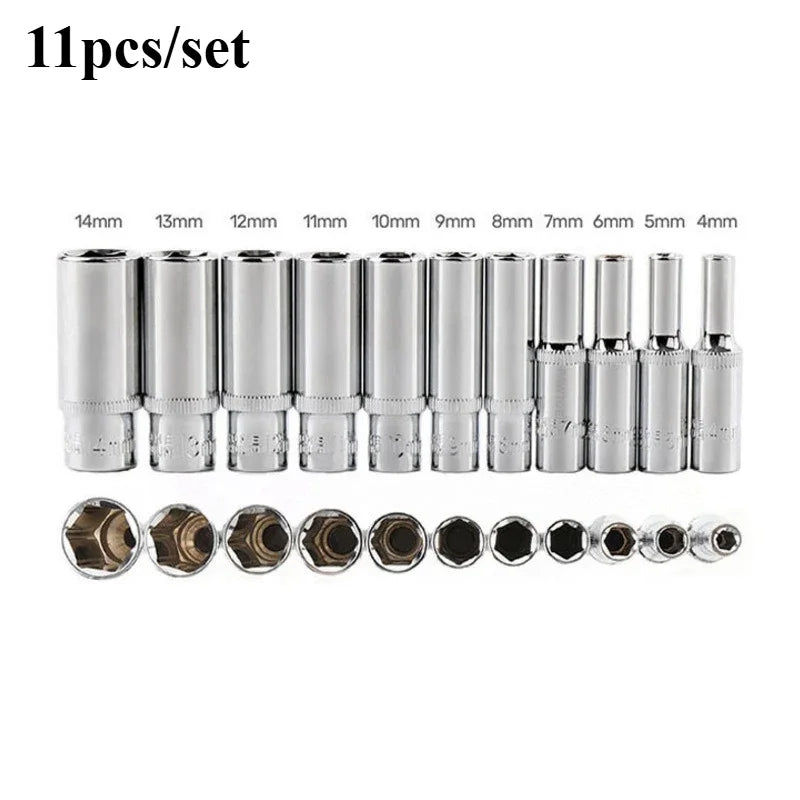 Heavy Duty 11-Piece Metric Long Deep Socket Set 1/4" Drive Chrome Vanadium 6-Point 4–14mm