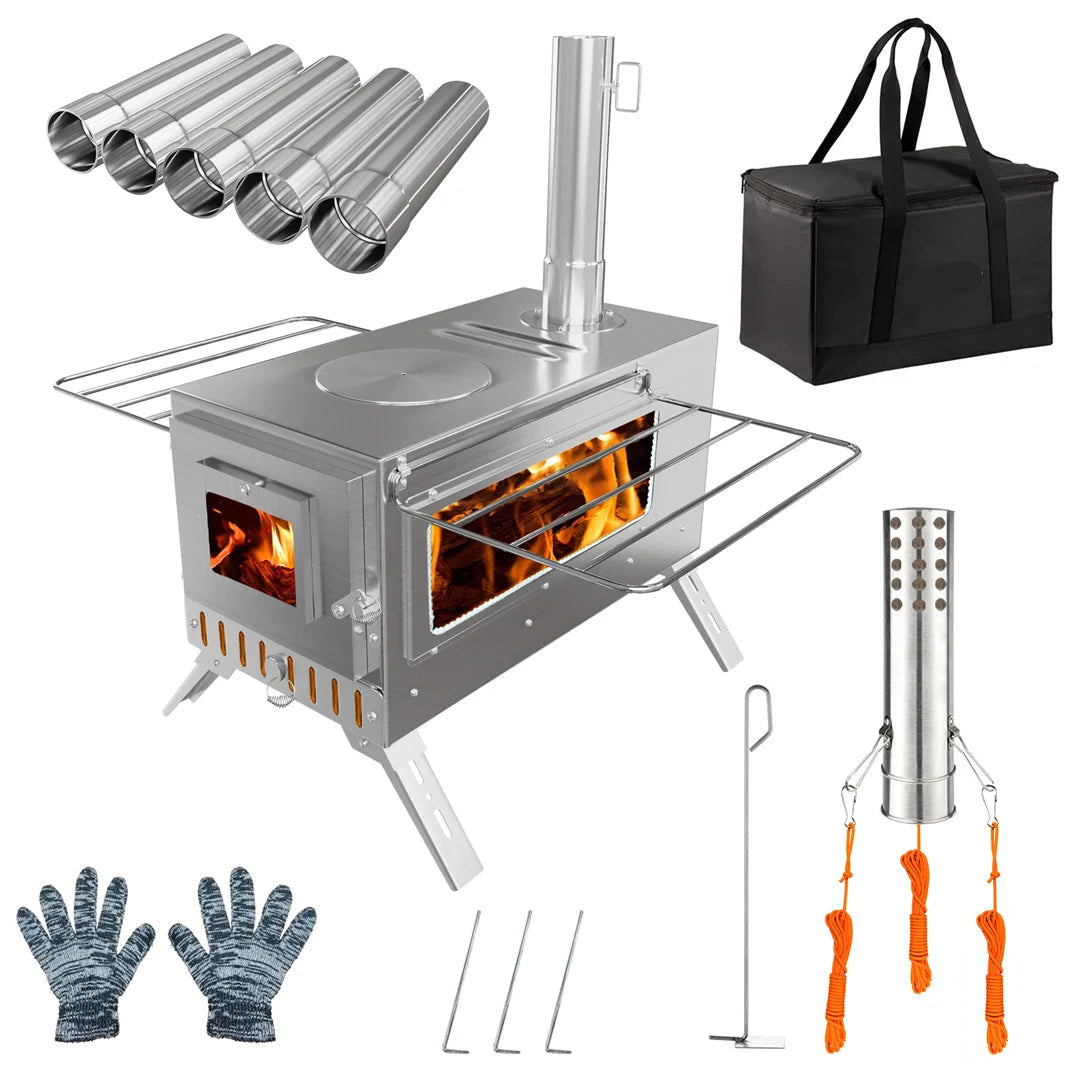 Portable Stainless Steel Camping Wood Stove with Chimney Pipes for Outdoor Cooking and Camping Use