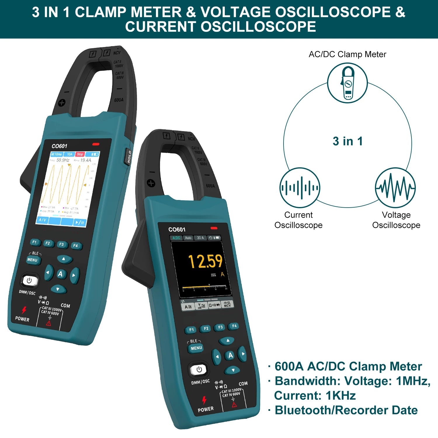 Digital Clamp Meter with Oscilloscope – AC/DC Voltage & Current Tester, Bluetooth Data Logging