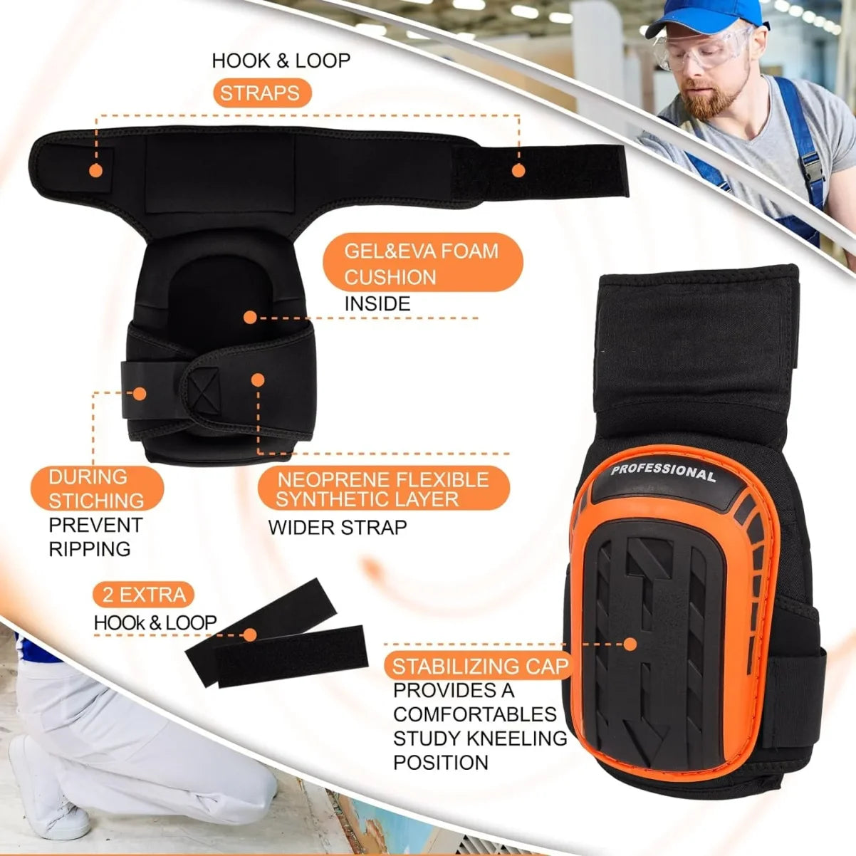 Knee Pads Heavy Duty Gel and EVA Foam Cushioned Adjustable Work Knee Pads with Extension Strap