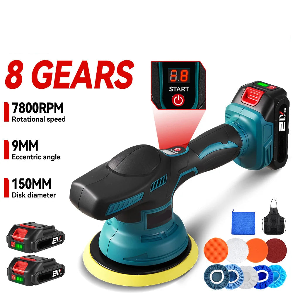 Cordless Car Polisher Kit 18V 8 Speed with Dual Batteries 15cm Pad Storage Box and Accessories