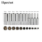 Heavy Duty 11-Piece Metric Long Deep Socket Set 1/4" Drive Chrome Vanadium 6-Point 4–14mm