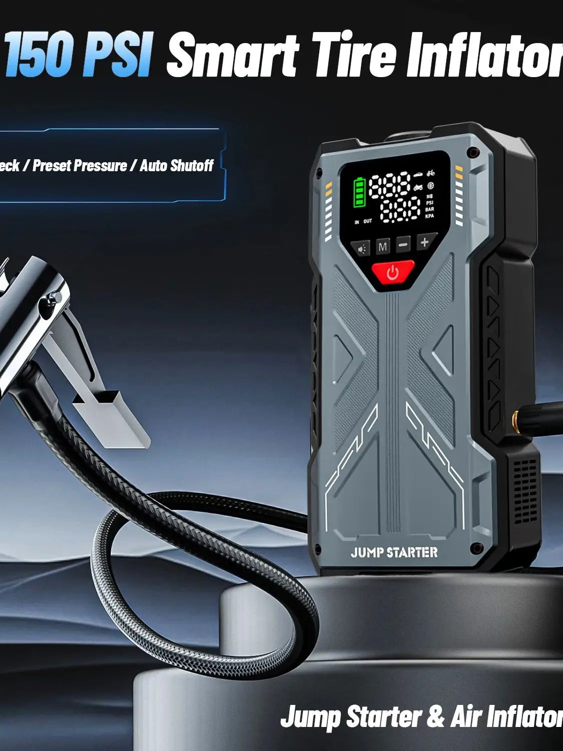 2-in-1 Jump Starter 6000A with Air Compressor Portable 12V Battery Booster and Inflator