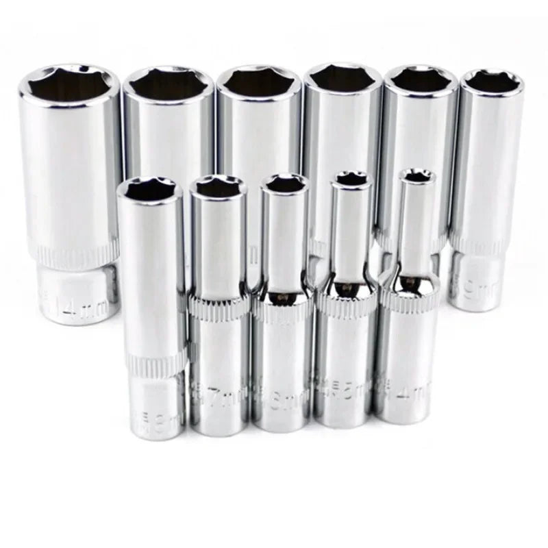 Heavy Duty 11-Piece Metric Long Deep Socket Set 1/4" Drive Chrome Vanadium 6-Point 4–14mm