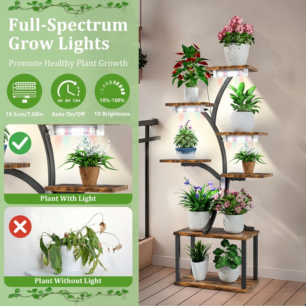 Plant Stand 7 Tier LED Grow Light Rack Wooden Metal Flower Display Shelf for Indoor Plants