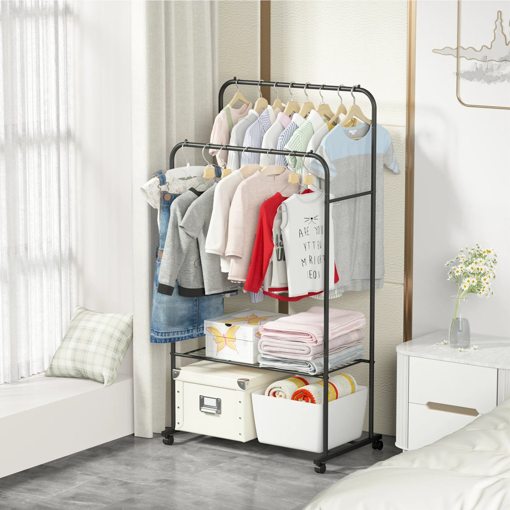 Heavy Duty Rolling Clothes Rack Double Rail with Shelf Metal Garment Storage Stand