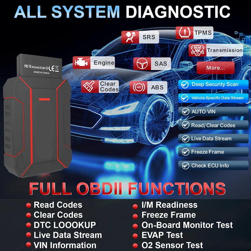 Portable Bluetooth OBD2 Car Diagnostic Scanner with Battery Monitoring and Real-Time Vehicle Data