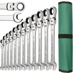 Metric Ratcheting Spanner Wrench Set Flexible Head Gear Ring Combination Wrenches with Canvas Bag