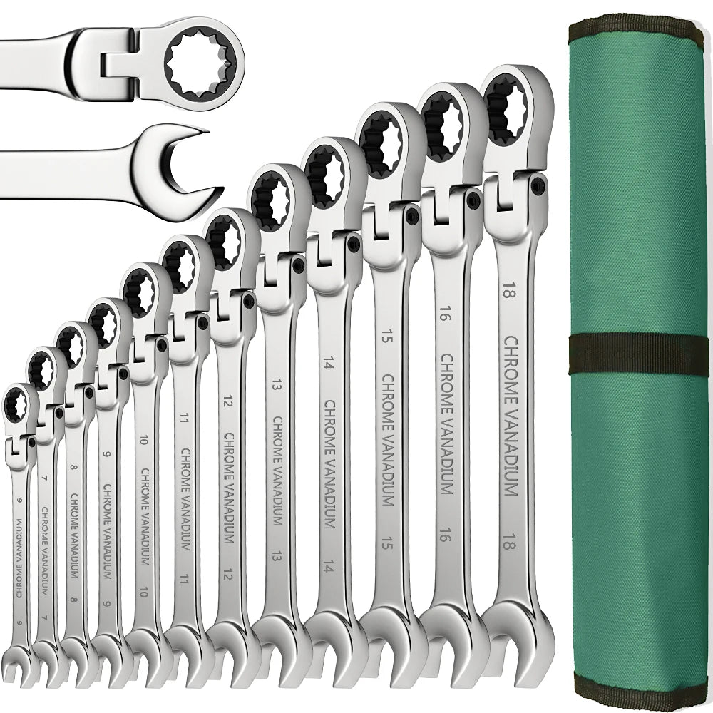 Metric Ratcheting Spanner Wrench Set Flexible Head Gear Ring Combination Wrenches with Canvas Bag