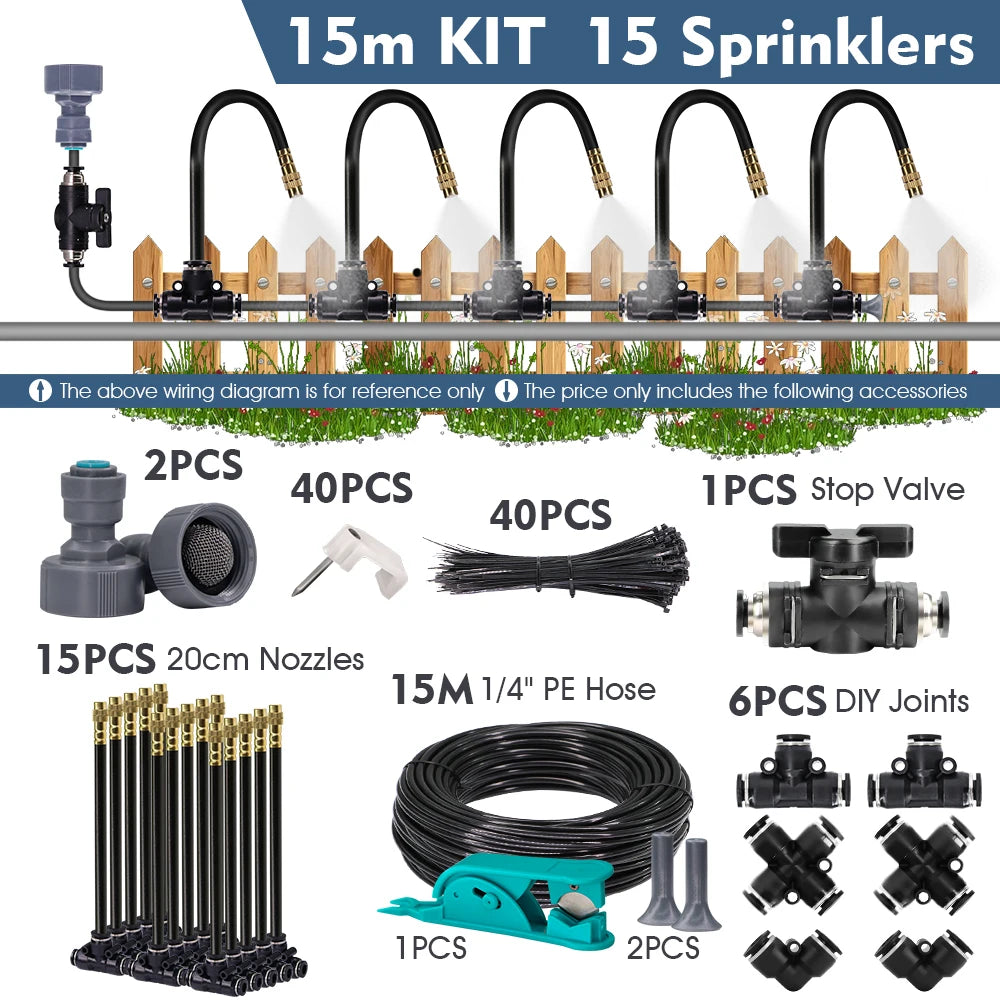 Outdoor Garden Misting System Kit 15m Adjustable Spray Nozzles Irrigation Set