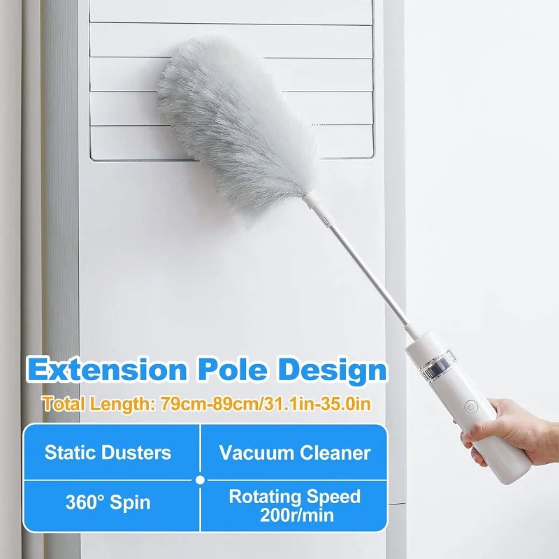 Cordless Electric Spin Feather Duster 3-in-1 Rotating Cleaning Brush with Extension Rod USB Rechargeable