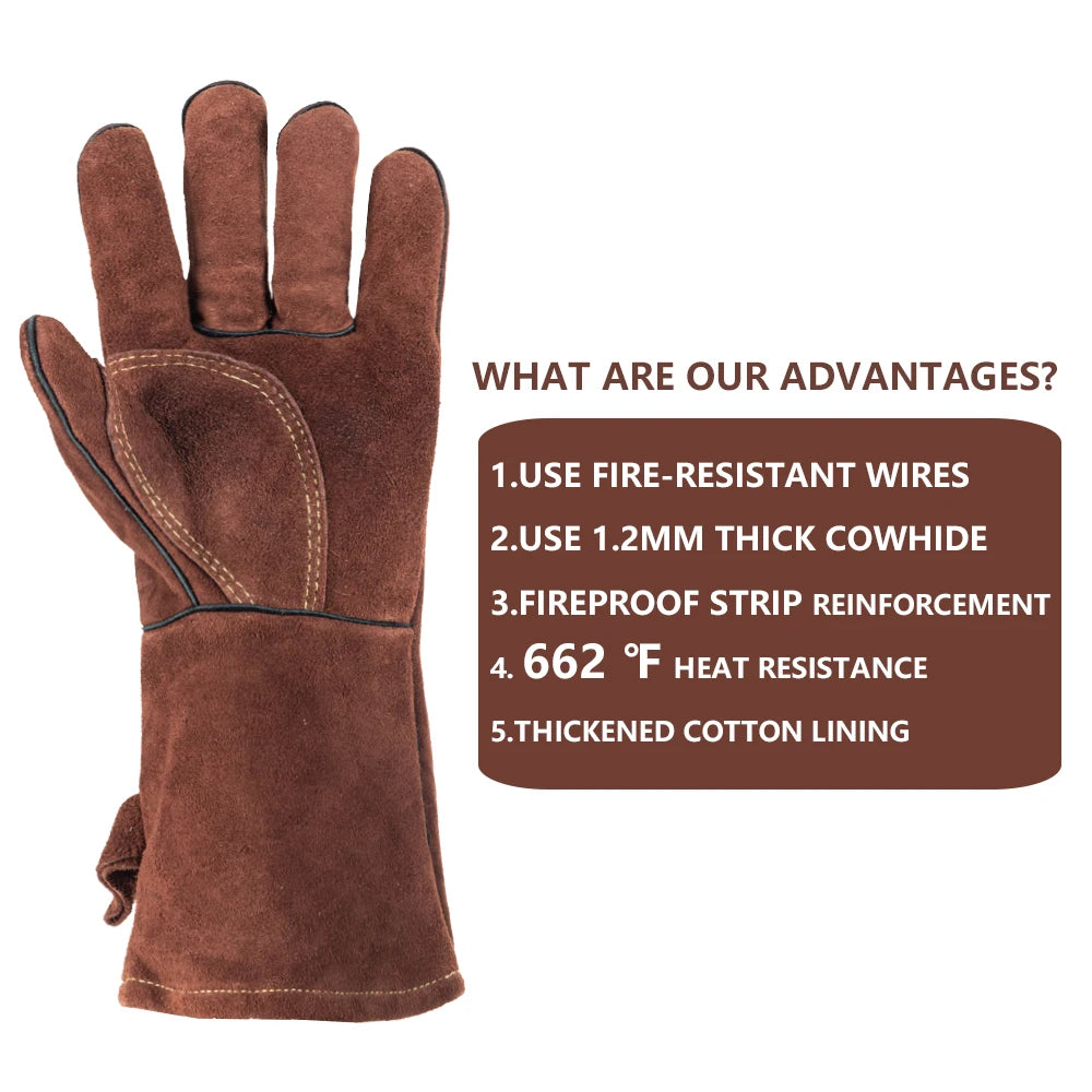 Leather Work Gloves Heavy Duty Cow Split Leather 35cm Welding BBQ Oven Workshop Gloves Pair