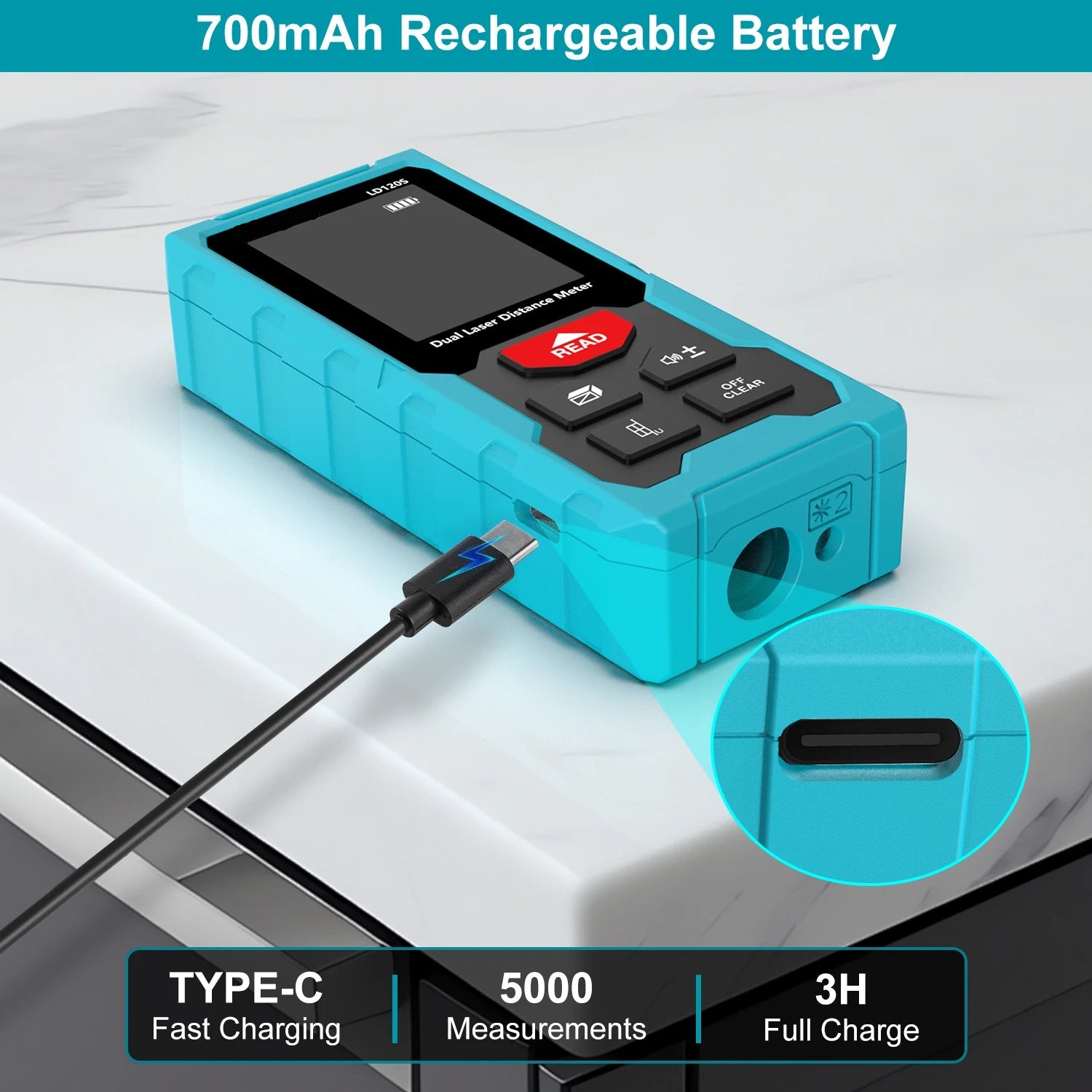 Rechargeable Laser Distance Meter 12000cm Digital Measuring Tool with Dual Laser and Angle Measurement