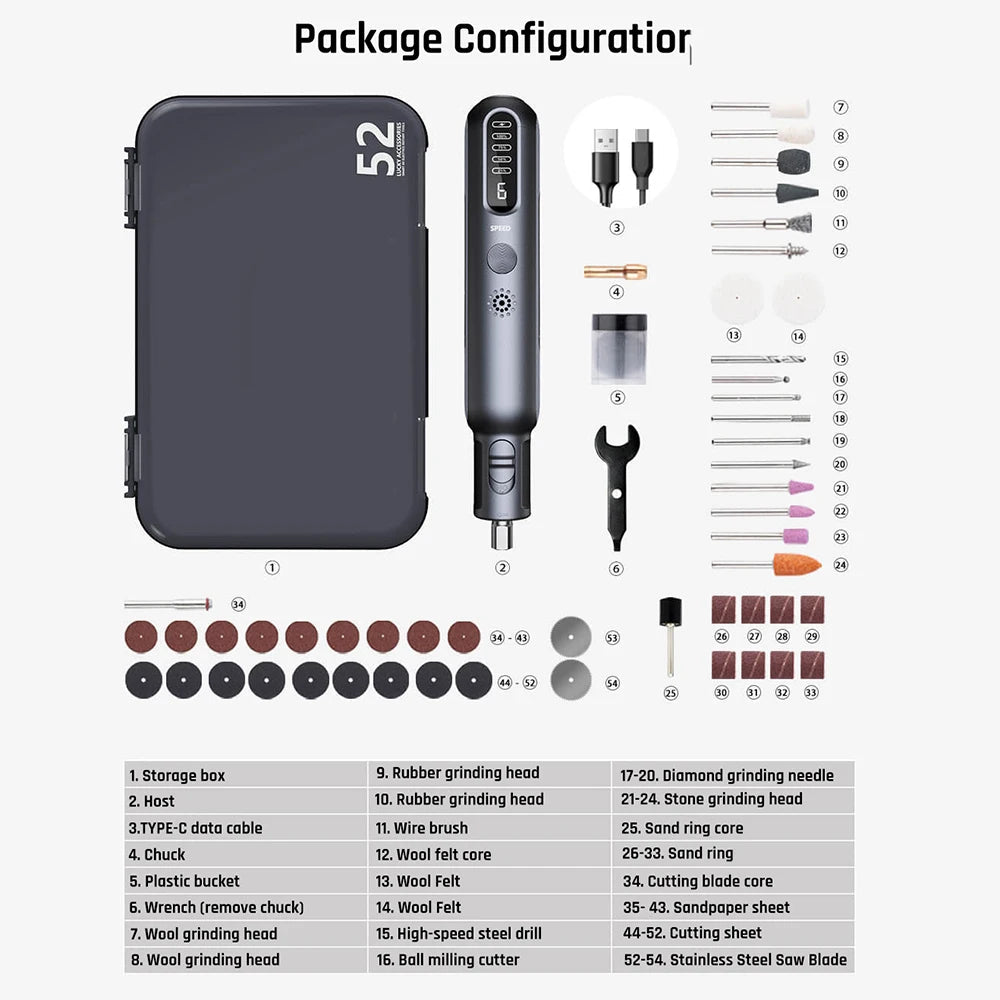 Cordless Mini Rotary Grinder Tool 8V 6-Speed USB Rechargeable with 52 Accessories