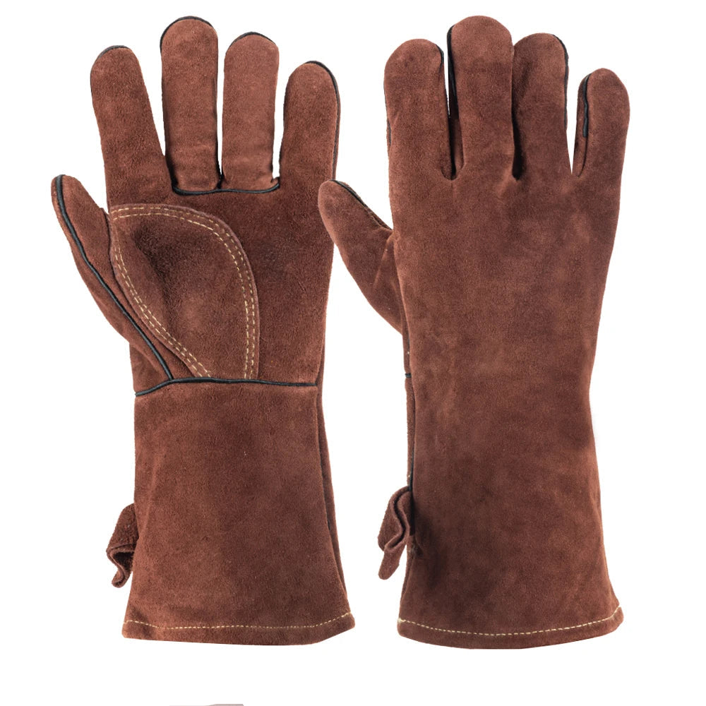 Leather Work Gloves Heavy Duty Cow Split Leather 35cm Welding BBQ Oven Workshop Gloves Pair