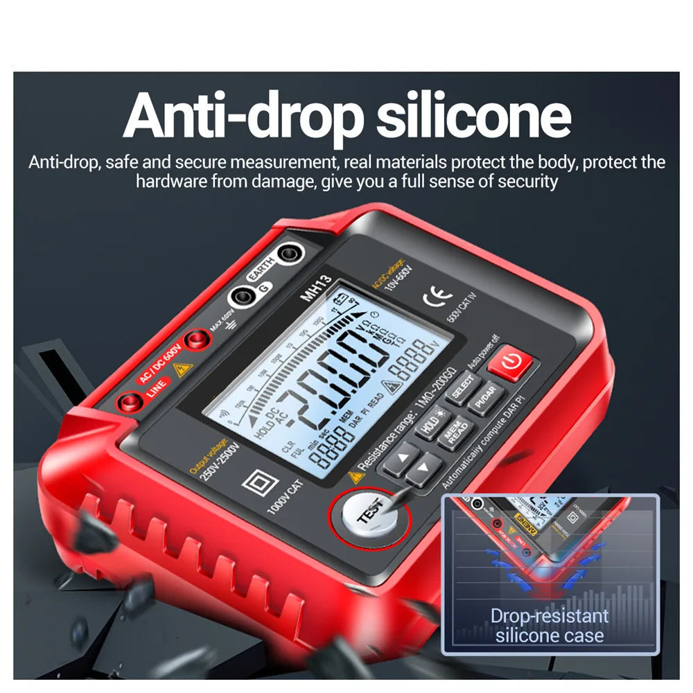 Digital Insulation Resistance Tester Megohmmeter with Backlit Display and Data Storage