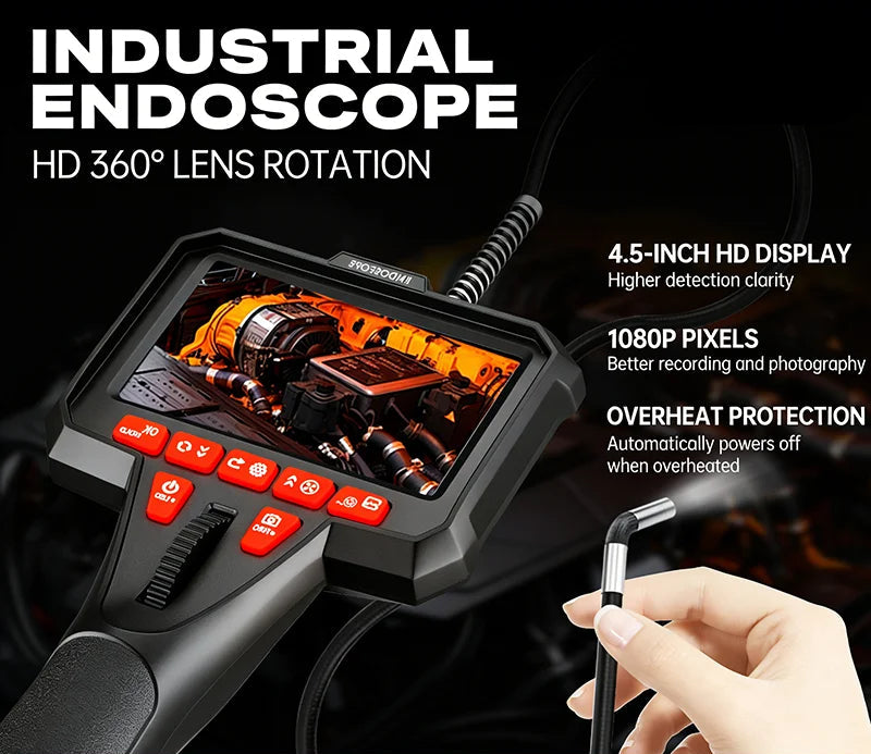 360 Articulating Borescope 1080P 6mm 4.5inch LCD Monitor Industrial Inspection Camera Diesel Engine Inspection Pipeline Aviation