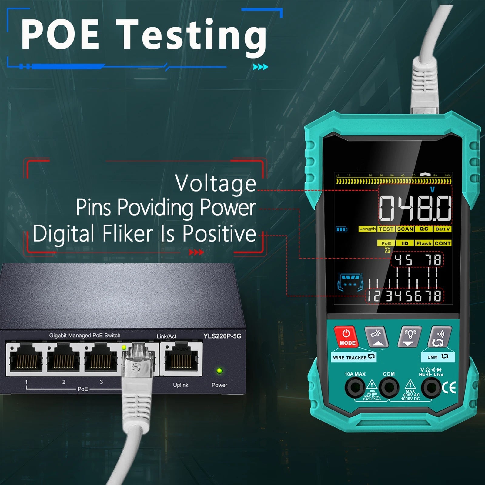 Network Cable Tester and Wire Tracker with Color Display POE Detection Breakpoint Testing and 7 ID Modules