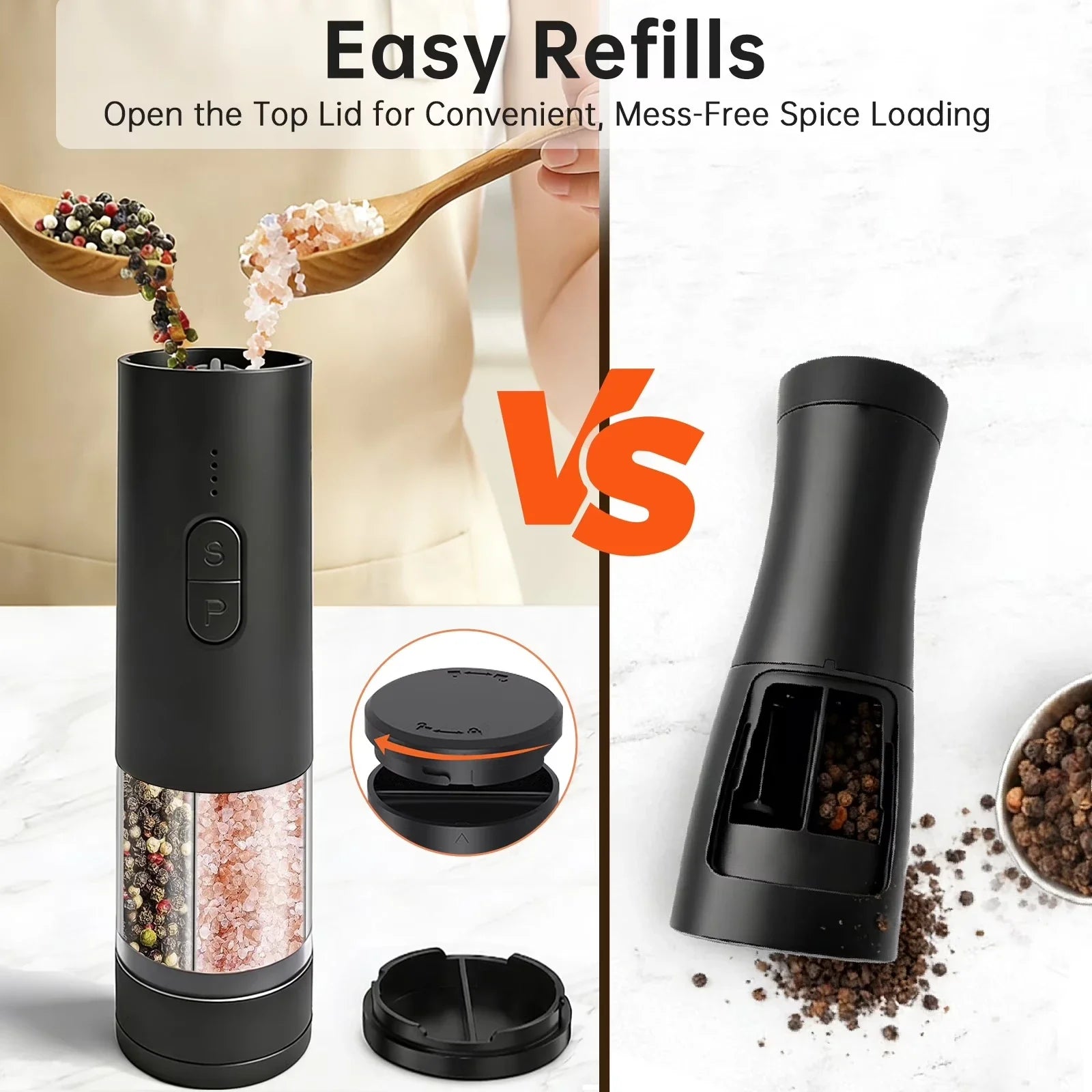 Rechargeable Electric Salt and Pepper Grinder with Adjustable Coarseness and Large Capacity