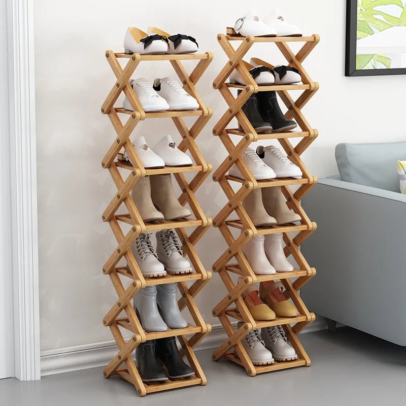 Foldable Bamboo Shoe Rack 5 Tier Space Saving Shoe Storage Organizer