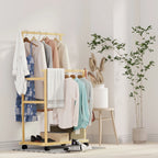 Bamboo Rolling Clothes Rack with Double Rails and Shelf Portable Open Wardrobe Storage