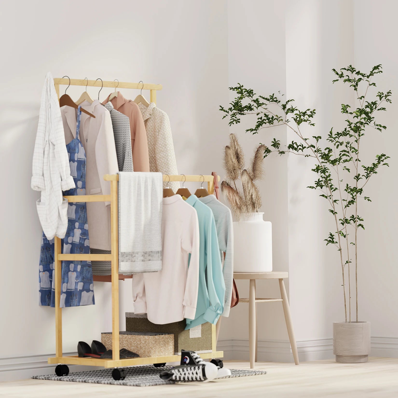Bamboo Rolling Clothes Rack with Double Rails and Shelf Portable Open Wardrobe Storage