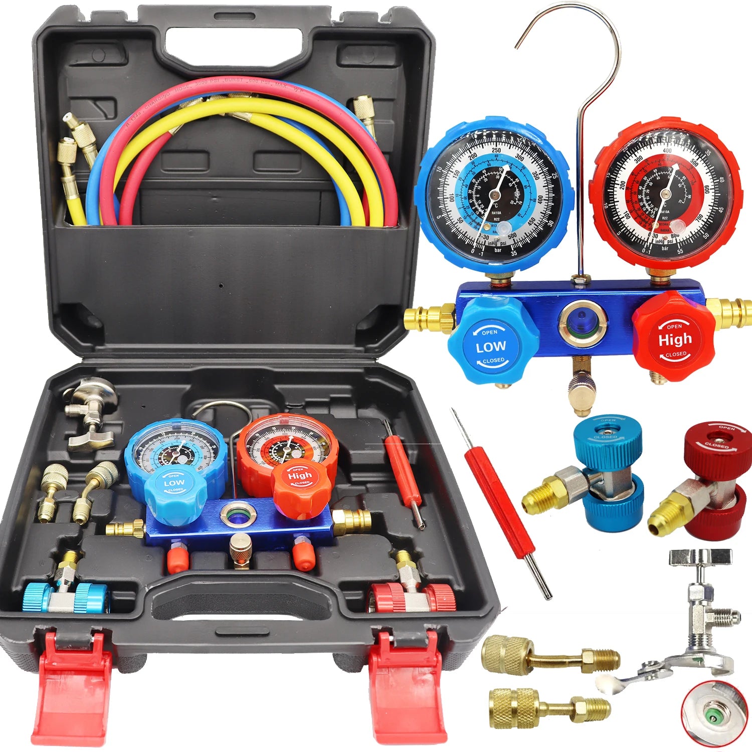 Automotive AC Manifold Gauge Set with Hoses Dual Pressure Gauges and Storage Case