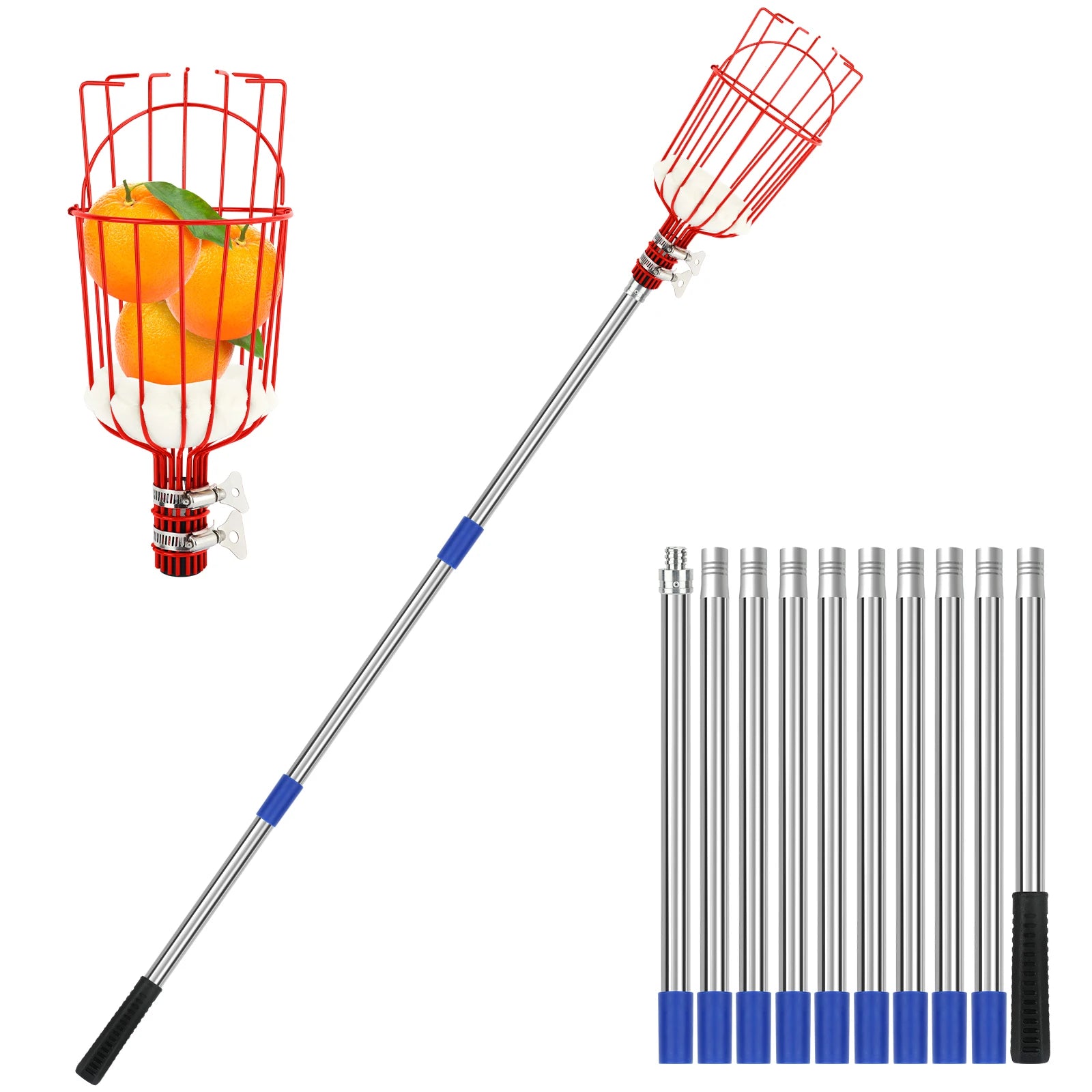 Heavy Duty 13FT Telescopic Fruit Picker Pole with Basket for Apple Mango and Tree Fruit Harvesting