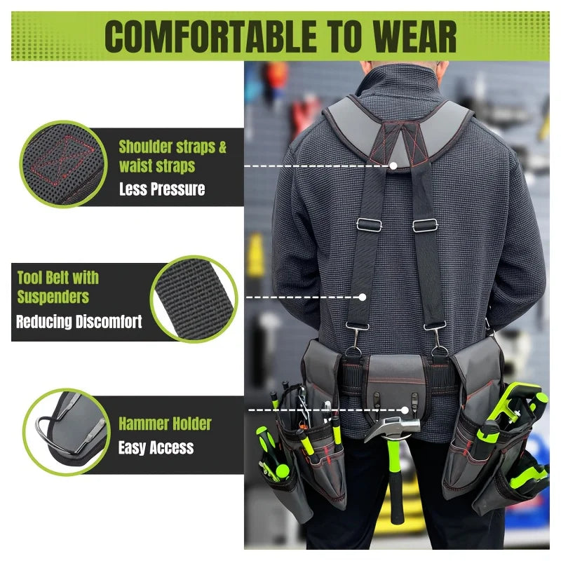 Heavy Duty 22 Pocket Tool Belt with Suspenders Adjustable Utility Work Belt for Construction and Repairs